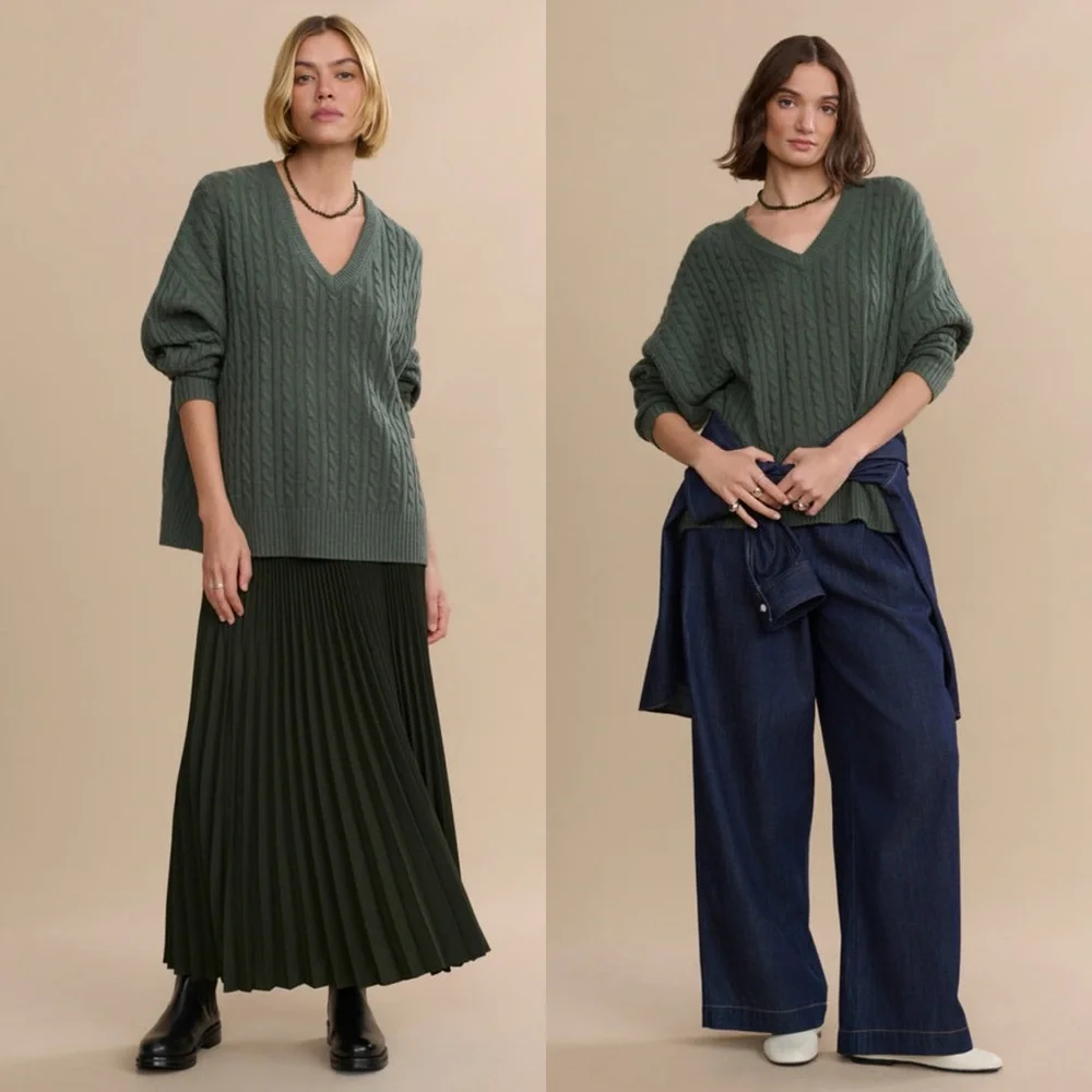 JENNI KAYNE Nell V-Neck Cable Knit Sweater in Pine XS - Picture 5 of 14